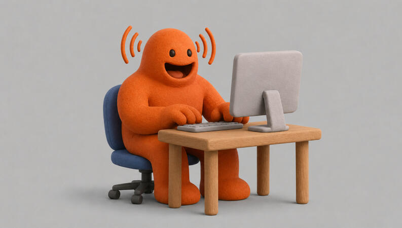 giant typing on computer
